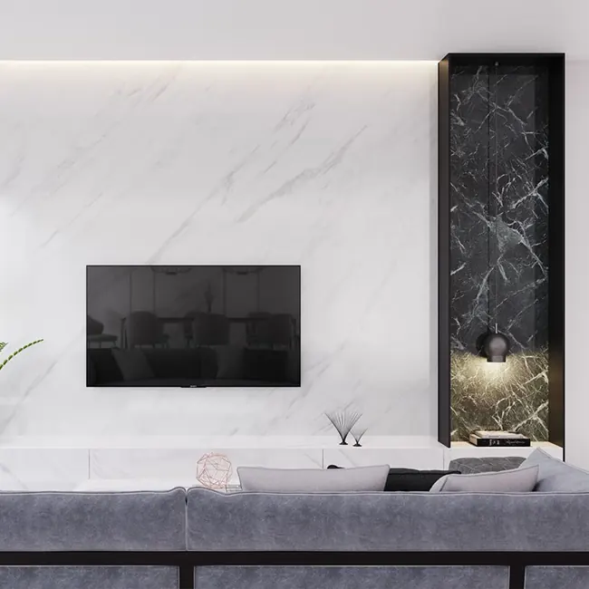 Painel de sala revestido em mármore branco